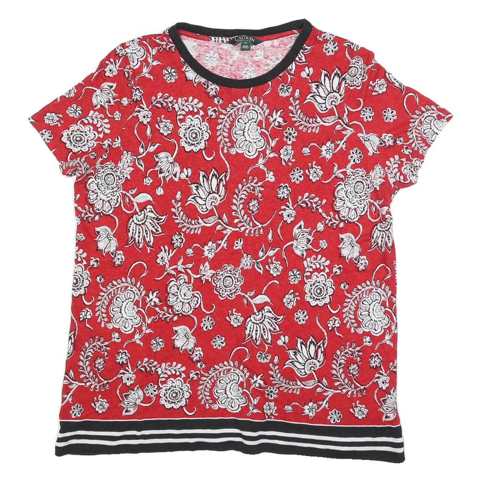 LAUREN RALPH LAUREN Womens Red & White Printed Short Sleeve Round Neck Top 2XL