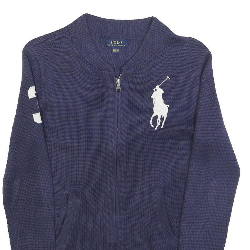 POLO RALPH LAUREN Girls Navy Patterned Jumper Crew Neck Basic Knit M Zip Front