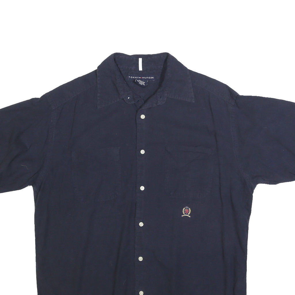 TOMMY HILFIGER Mens Navy Shirt M Embroidered Crest Cotton Button Front