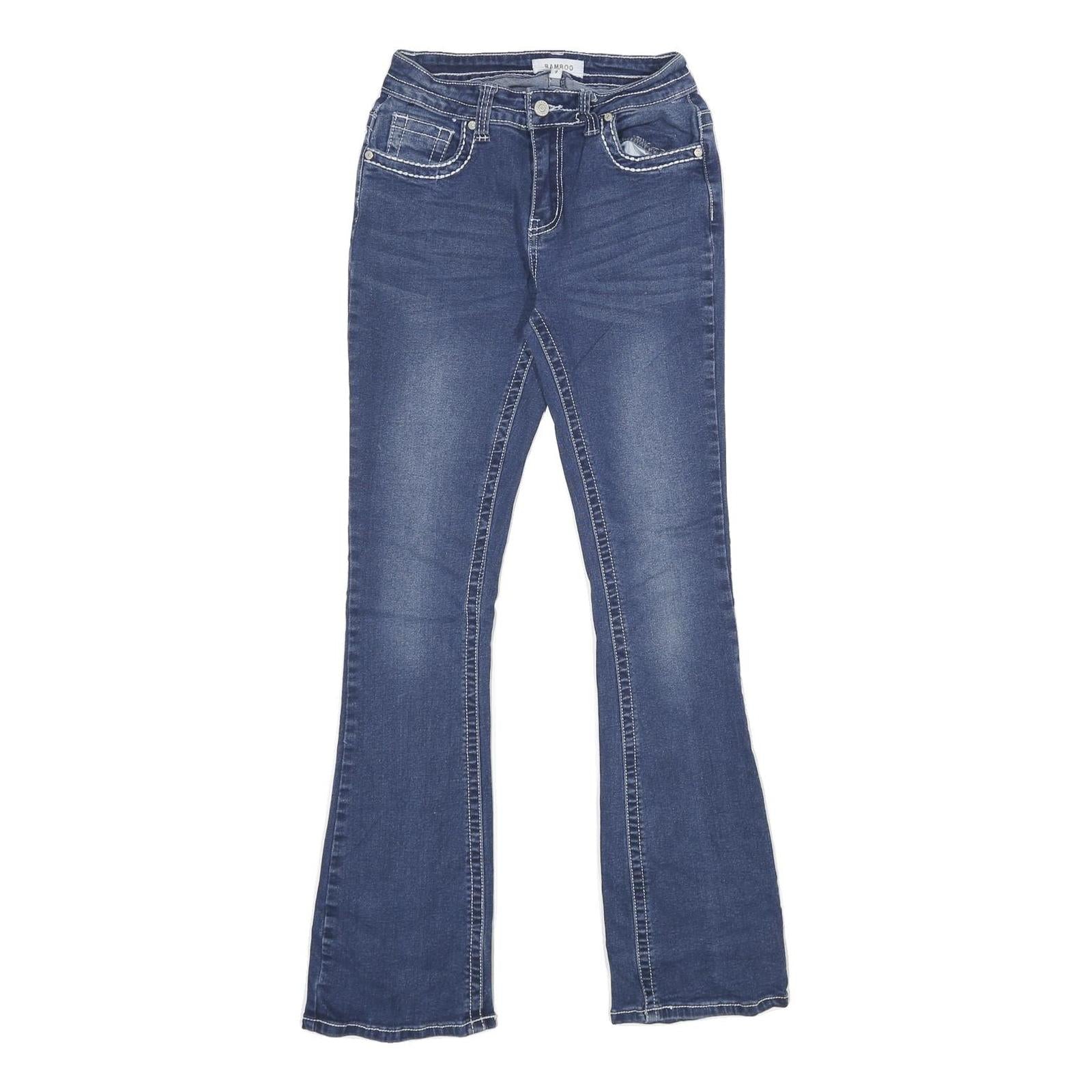 BAMBOO JEANS Womens Regular Fit Flared Denim Medium Blue W24 L32 Embellished