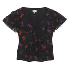 KAREN MILLEN Womens Black Red & Purple Printed Top Short Sleeve V-Neck UK 8 Silk