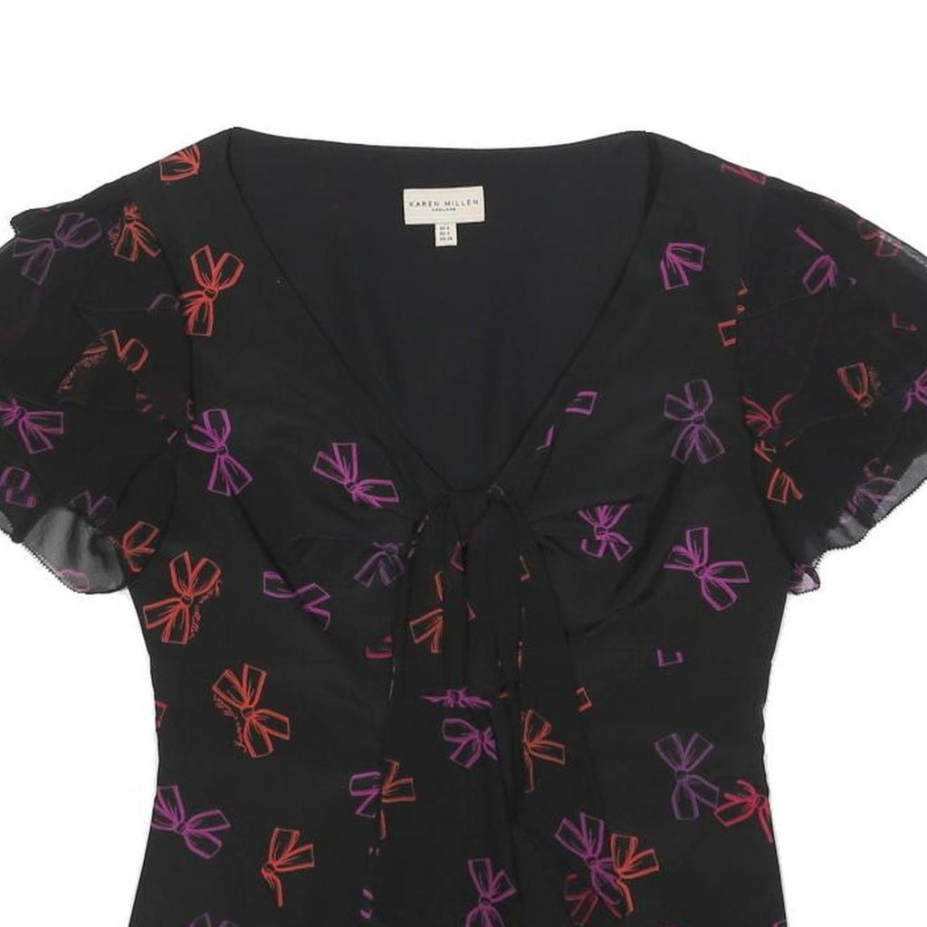 KAREN MILLEN Womens Black Red & Purple Printed Top Short Sleeve V-Neck UK 8 Silk