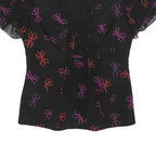 KAREN MILLEN Womens Black Red & Purple Printed Top Short Sleeve V-Neck UK 8 Silk