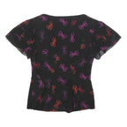 KAREN MILLEN Womens Black Red & Purple Printed Top Short Sleeve V-Neck UK 8 Silk