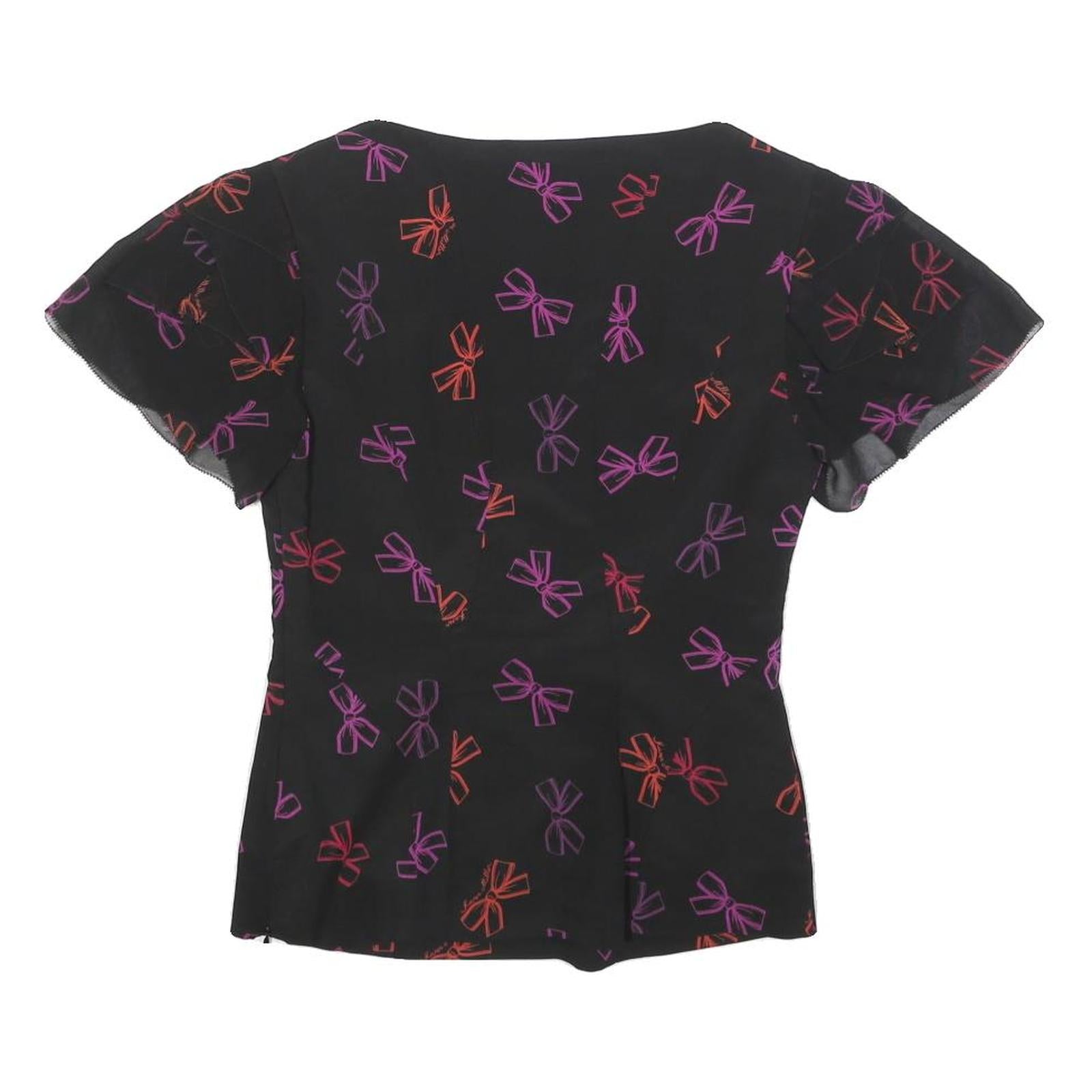 KAREN MILLEN Womens Black Red & Purple Printed Top Short Sleeve V-Neck UK 8 Silk