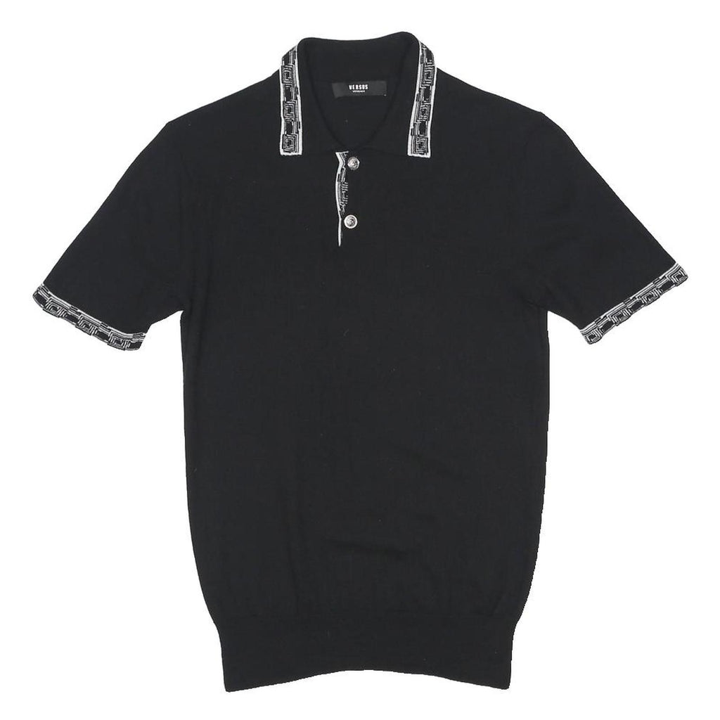 VERSACE Womens Black Wool Blend Polo Shirt XS Short Sleeve Geometric Trim