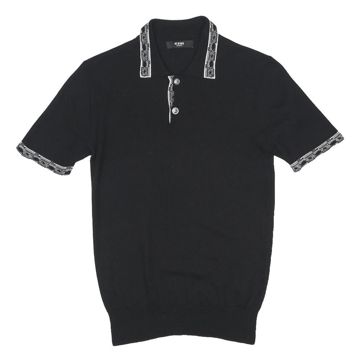 VERSACE Womens Black Wool Blend Polo Shirt XS Short Sleeve Geometric Trim