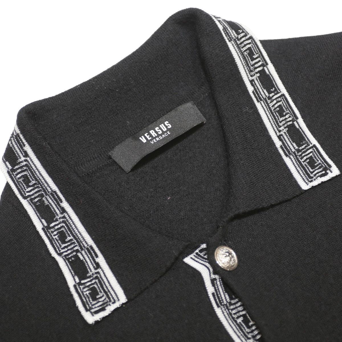 VERSACE Womens Black Wool Blend Polo Shirt XS Short Sleeve Geometric Trim