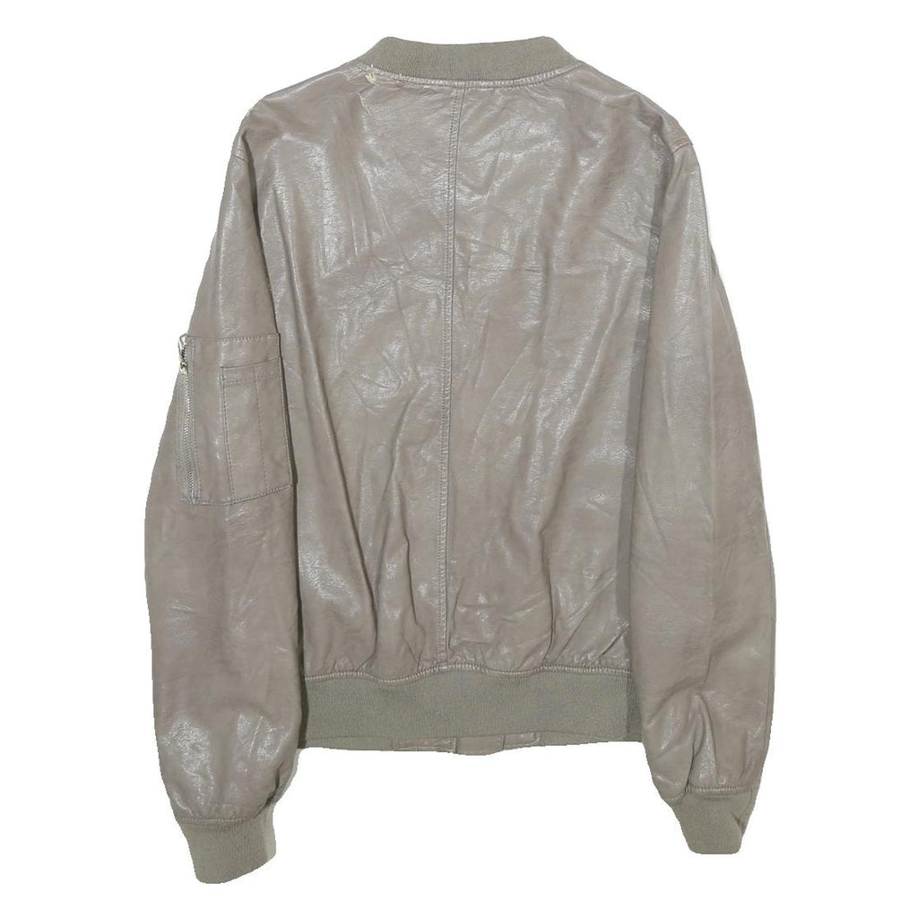 Womens Grey Faux Leather Bomber Jacket XL Woven Plain Zip Closure Pocket
