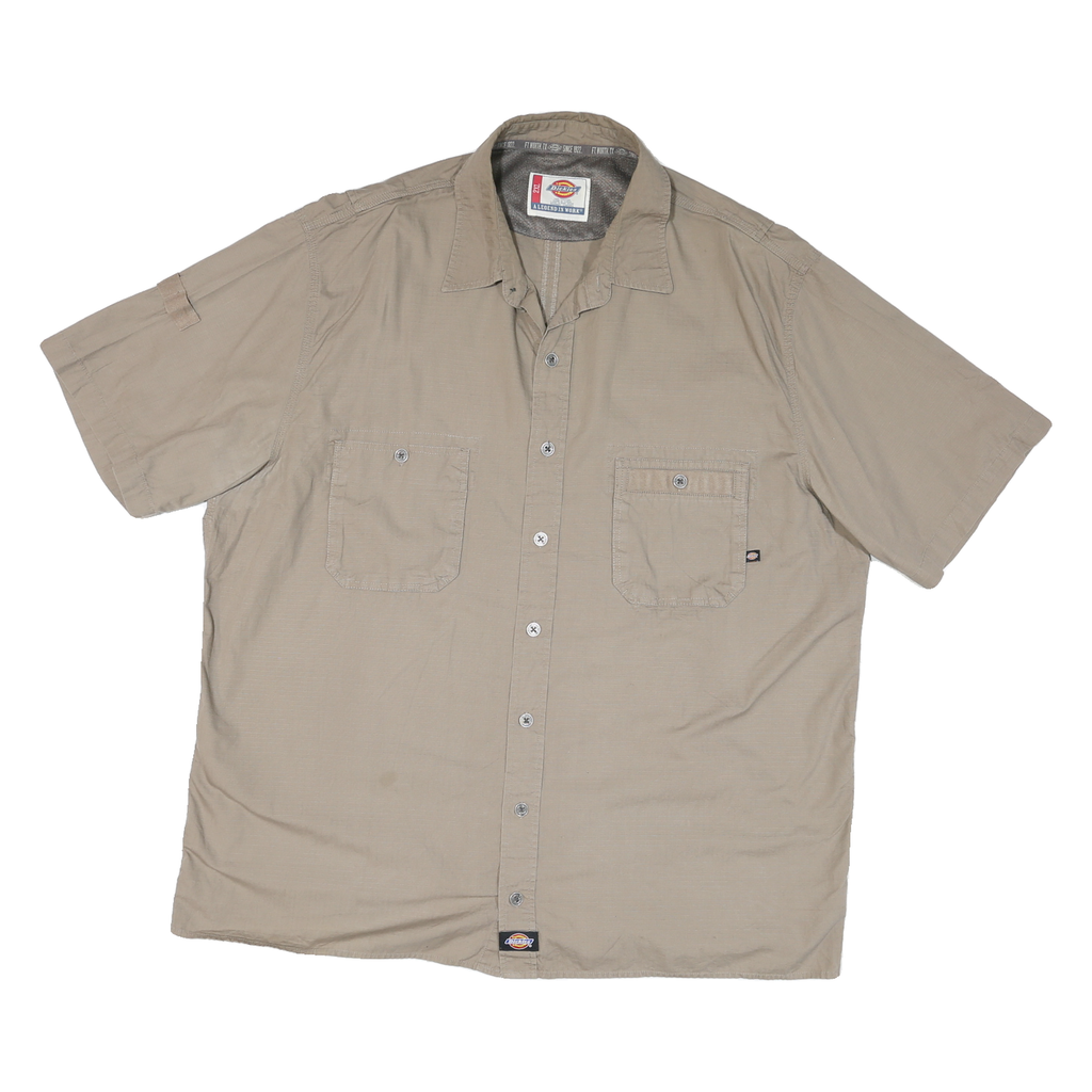 DICKIES Mens Beige Cotton Blend Work Shirt 2XL Button Pocket Short Sleeve