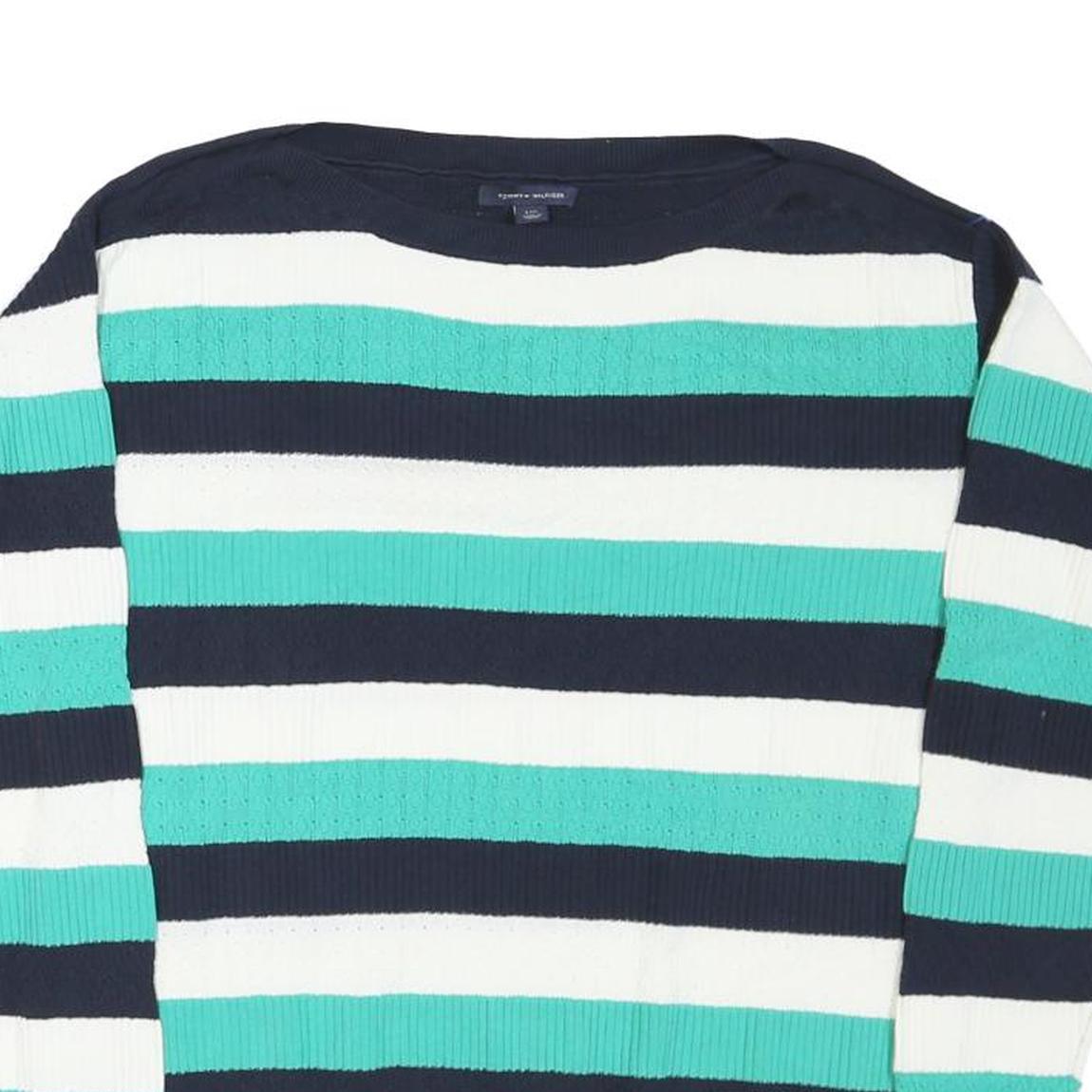 TOMMY HILFIGER Womens Blue & White Striped Patterned Crew Neck Cotton Blend