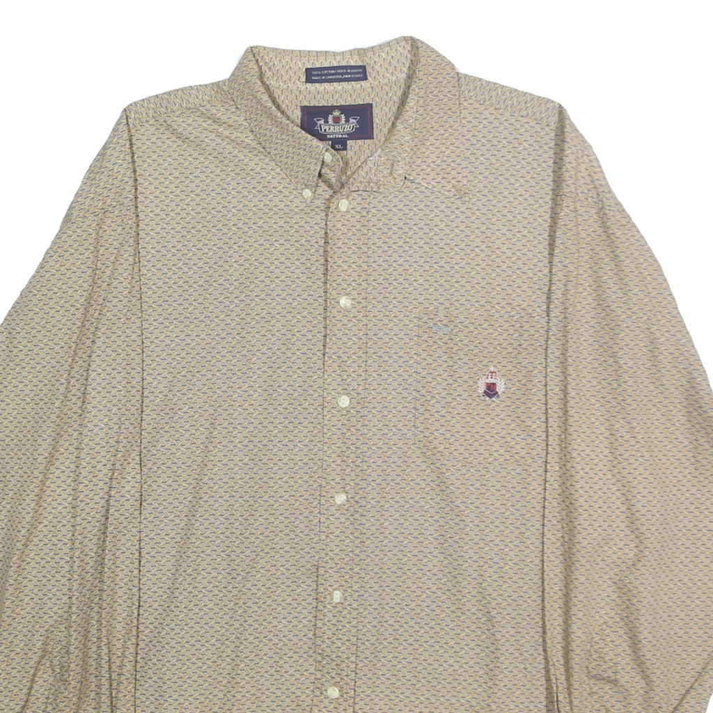 PERRUZO Mens Beige Patterned Cotton Shirt XL Button Collar Casual Smart