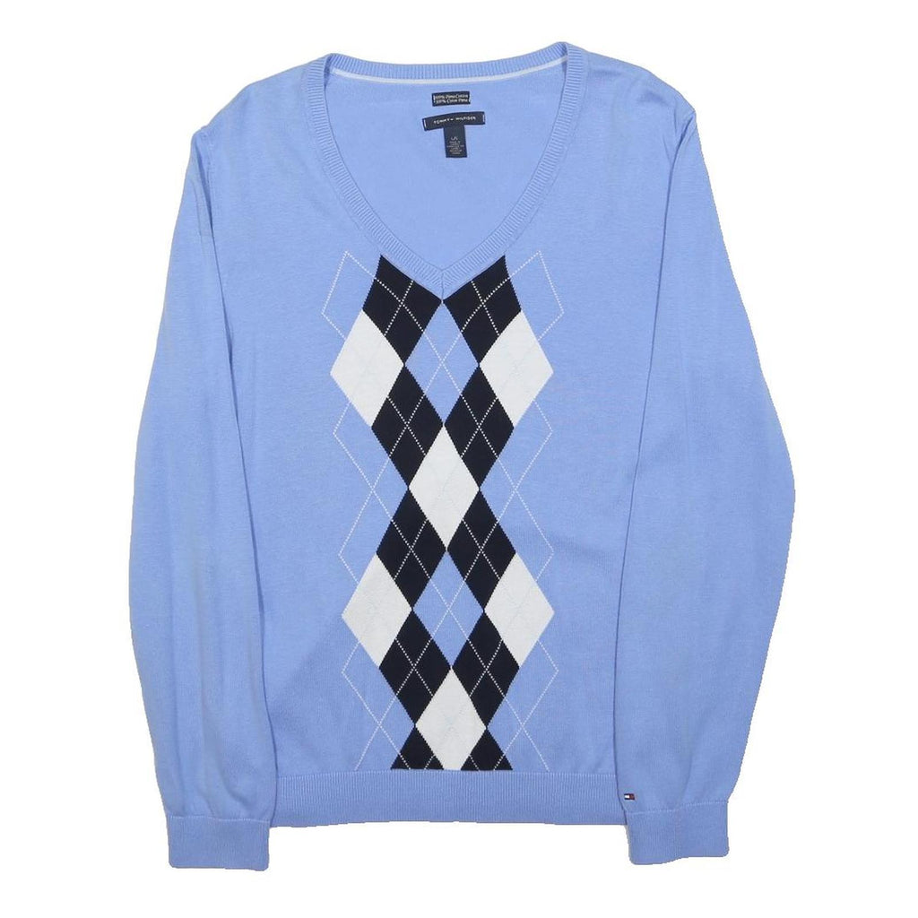 TOMMY HILFIGER Womens Blue Argyle Pattern V-Neck Jumper Cotton L Lightweight