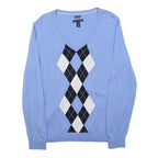TOMMY HILFIGER Womens Blue Argyle Pattern V-Neck Jumper Cotton L Lightweight