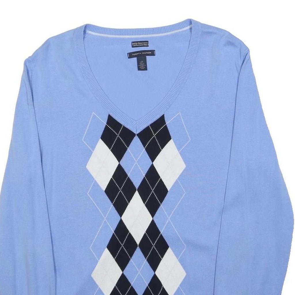 TOMMY HILFIGER Womens Blue Argyle Pattern V-Neck Jumper Cotton L Lightweight