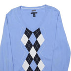TOMMY HILFIGER Womens Blue Argyle Pattern V-Neck Jumper Cotton L Lightweight
