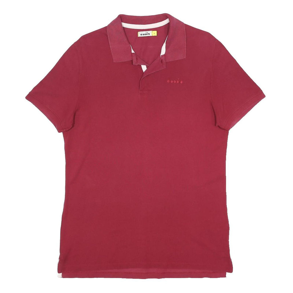 DIADORA Mens Maroon Short Sleeve Plain Polo Shirt L Cotton Casual Sportswear