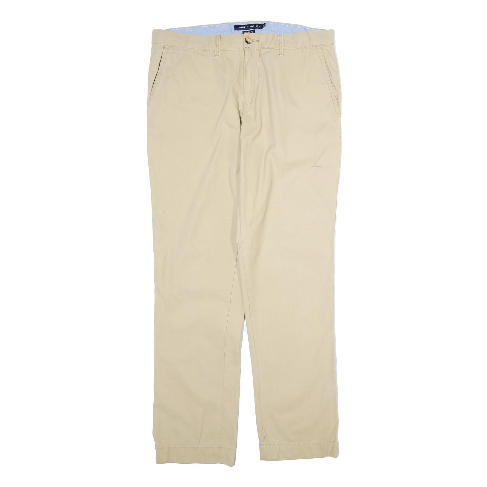 TOMMY HILFIGER Mens Cotton Beige Regular Straight Trousers W34 L33 Classic Zip