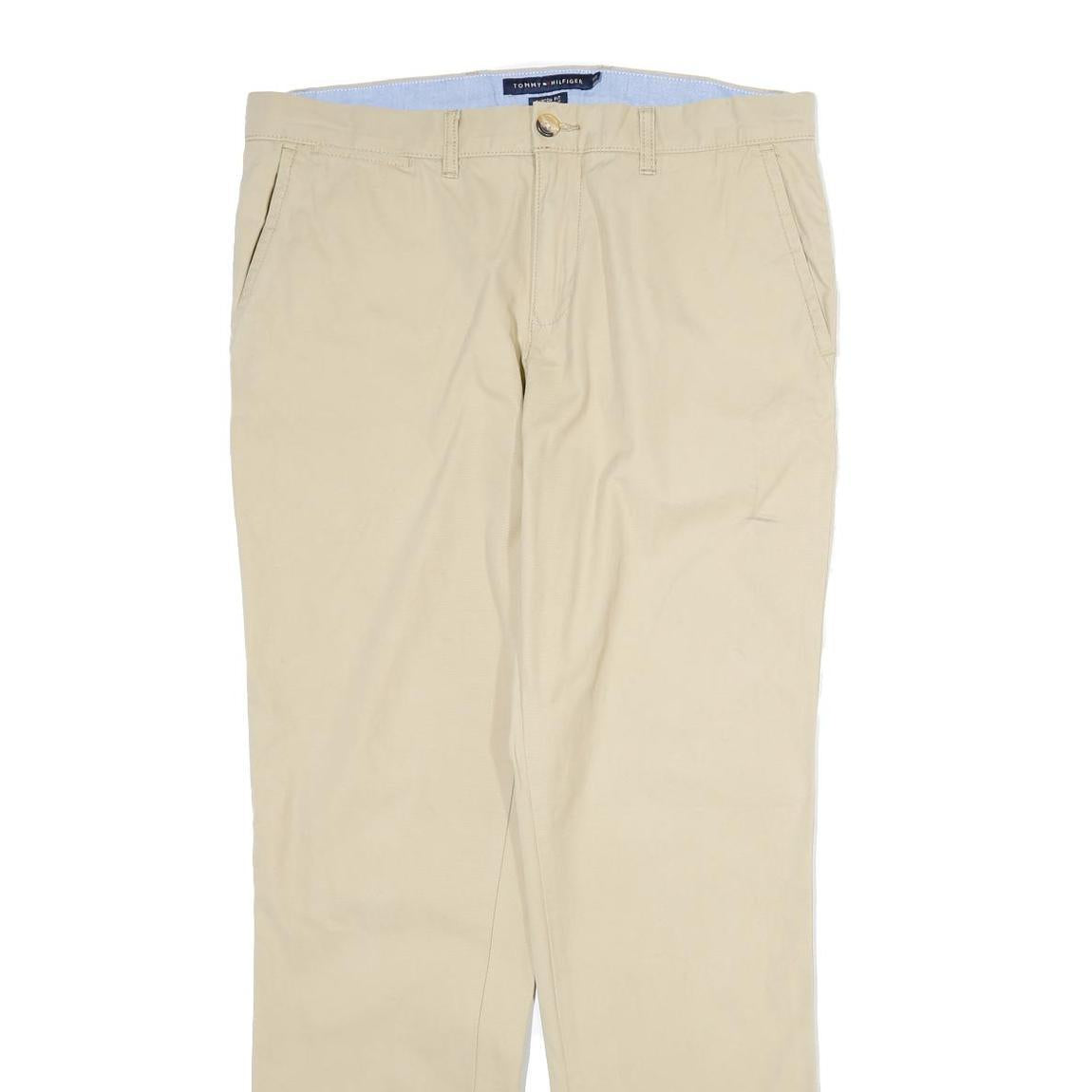TOMMY HILFIGER Mens Cotton Beige Regular Straight Trousers W34 L33 Classic Zip