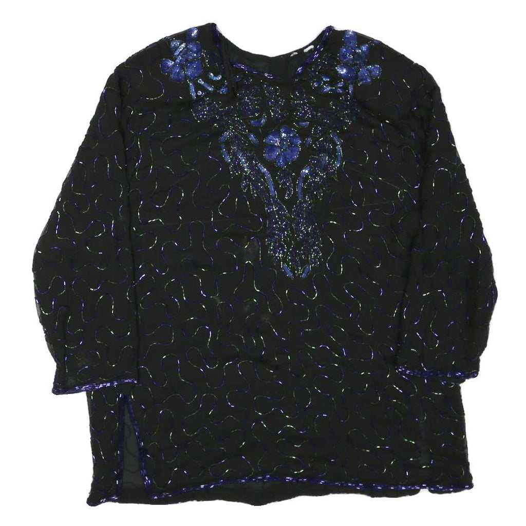 Womens Black & Blue Embroidered Long Sleeve Round Neck Top L Evening Occasion