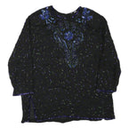 Womens Black & Blue Embroidered Long Sleeve Round Neck Top L Evening Occasion