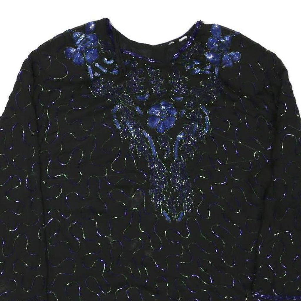 Womens Black & Blue Embroidered Long Sleeve Round Neck Top L Evening Occasion