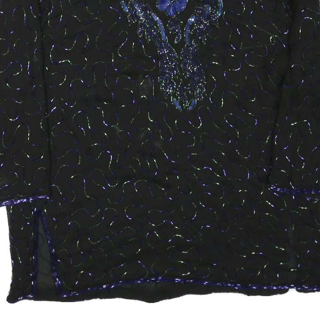 Womens Black & Blue Embroidered Long Sleeve Round Neck Top L Evening Occasion