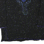 Womens Black & Blue Embroidered Long Sleeve Round Neck Top L Evening Occasion