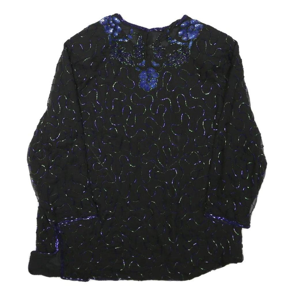 Womens Black & Blue Embroidered Long Sleeve Round Neck Top L Evening Occasion
