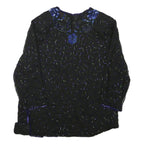 Womens Black & Blue Embroidered Long Sleeve Round Neck Top L Evening Occasion