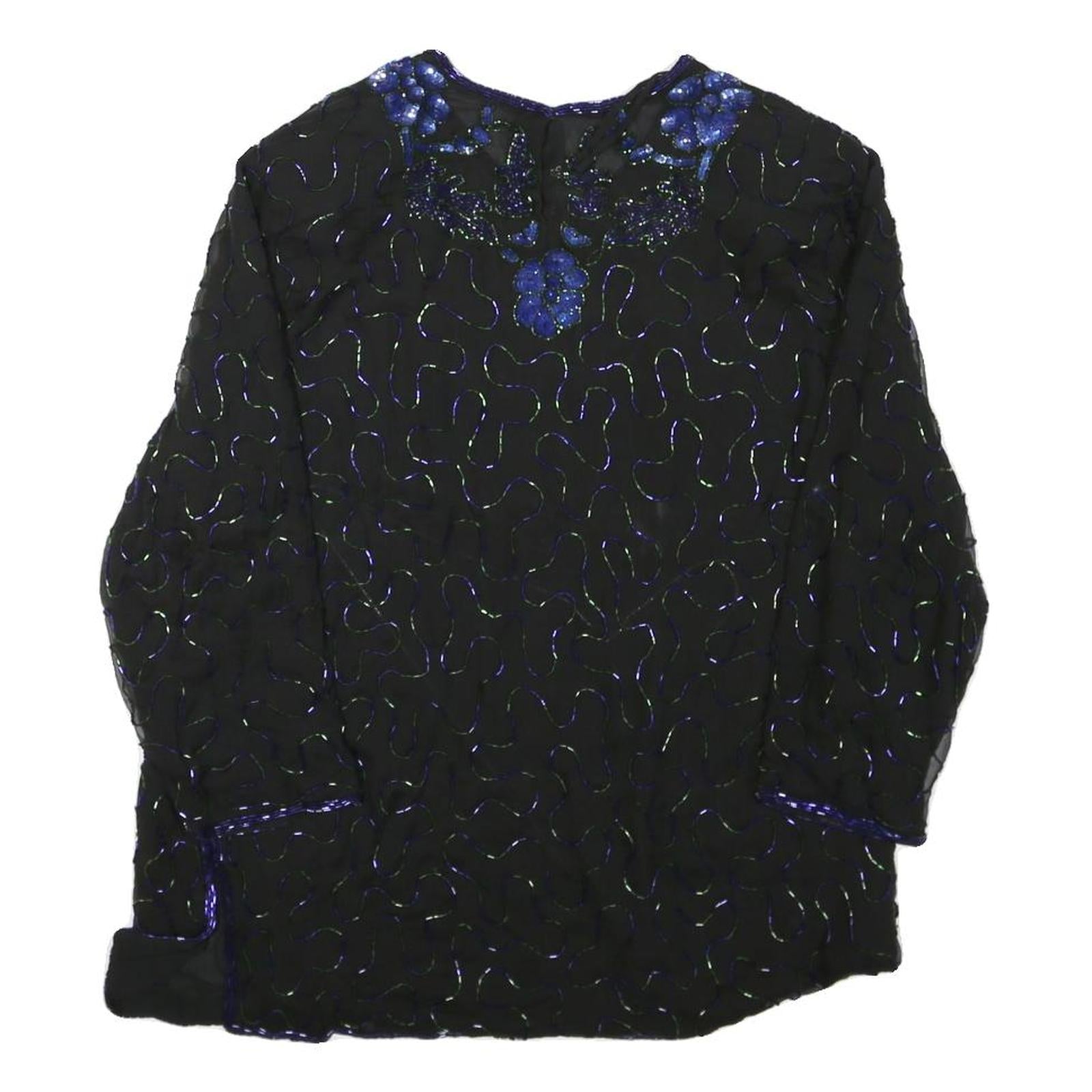 Womens Black & Blue Embroidered Long Sleeve Round Neck Top L Evening Occasion