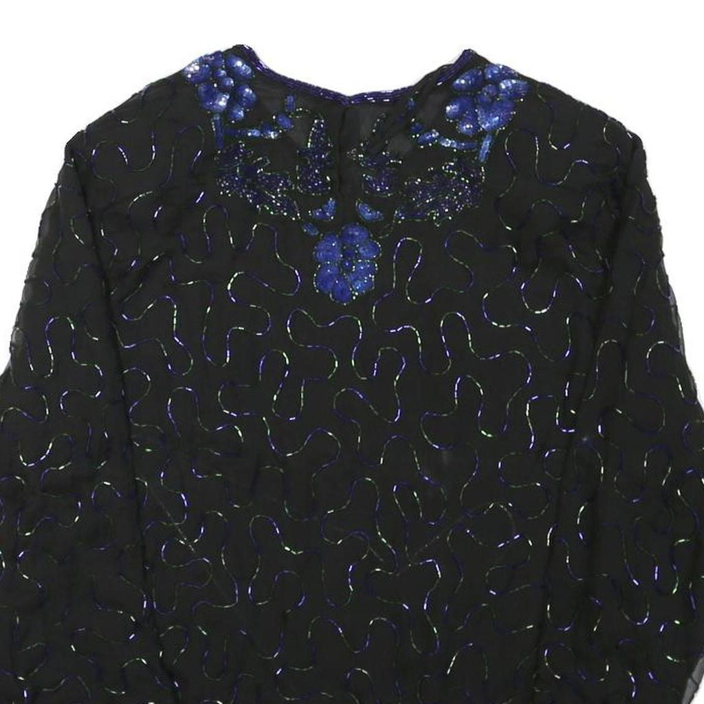 Womens Black & Blue Embroidered Long Sleeve Round Neck Top L Evening Occasion