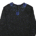 Womens Black & Blue Embroidered Long Sleeve Round Neck Top L Evening Occasion