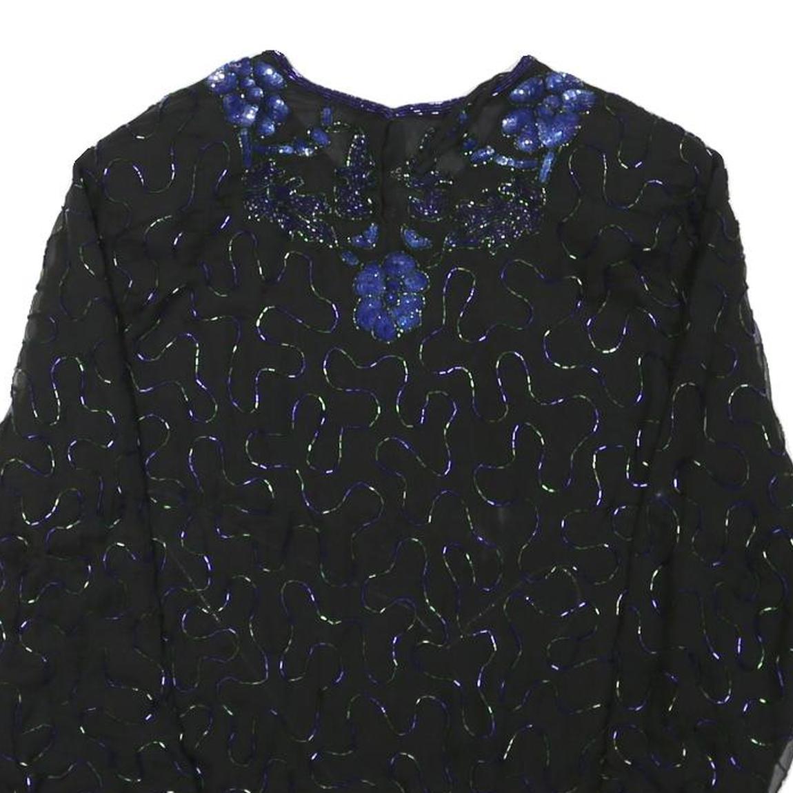 Womens Black & Blue Embroidered Long Sleeve Round Neck Top L Evening Occasion