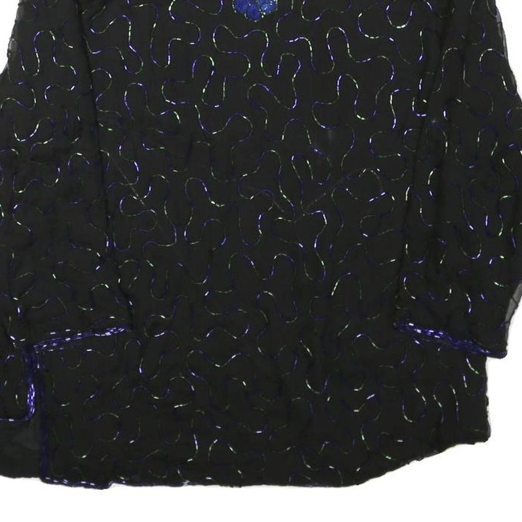 Womens Black & Blue Embroidered Long Sleeve Round Neck Top L Evening Occasion