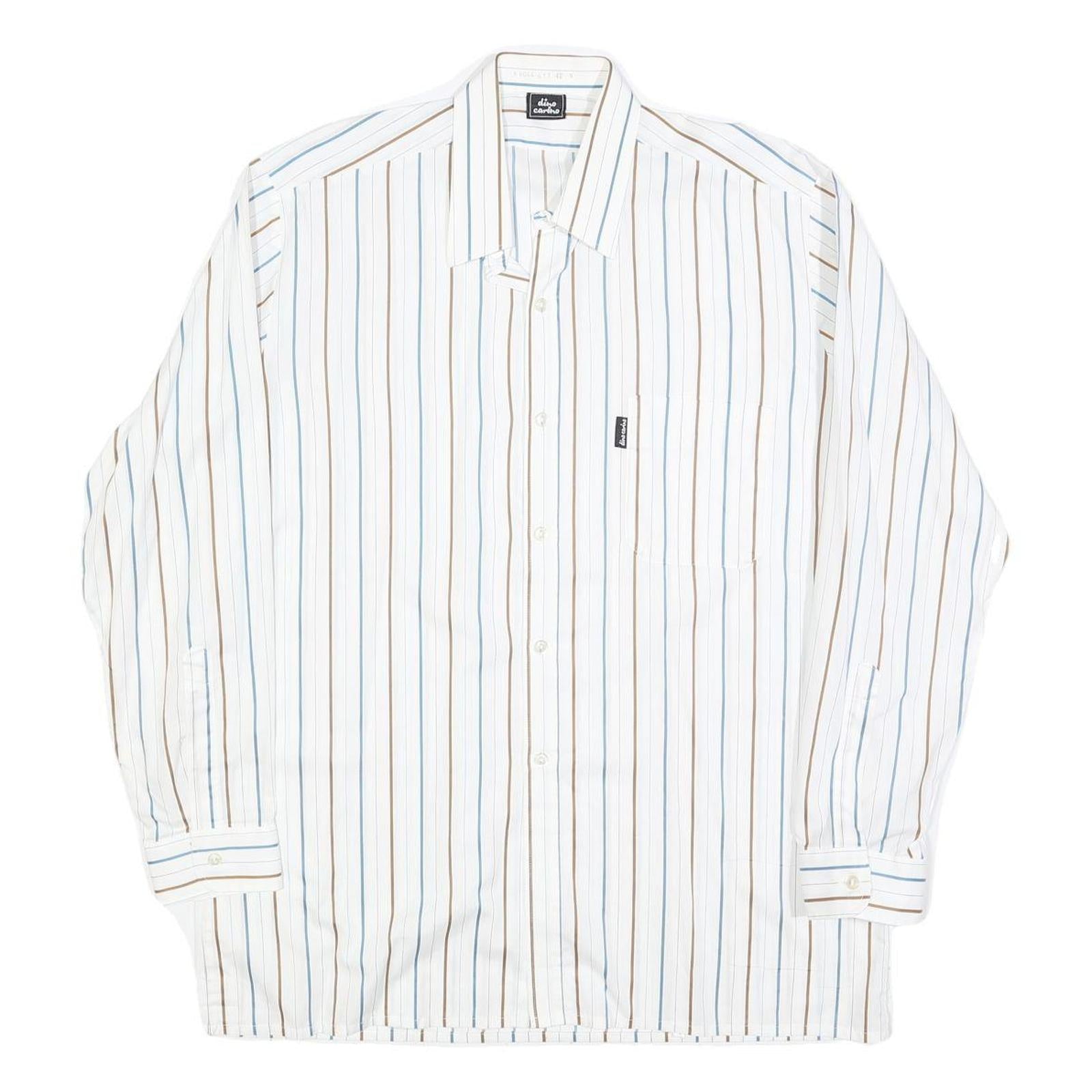 DINO CARINO Mens White & Light Blue Striped Shirt M Cotton Blend Button Collar