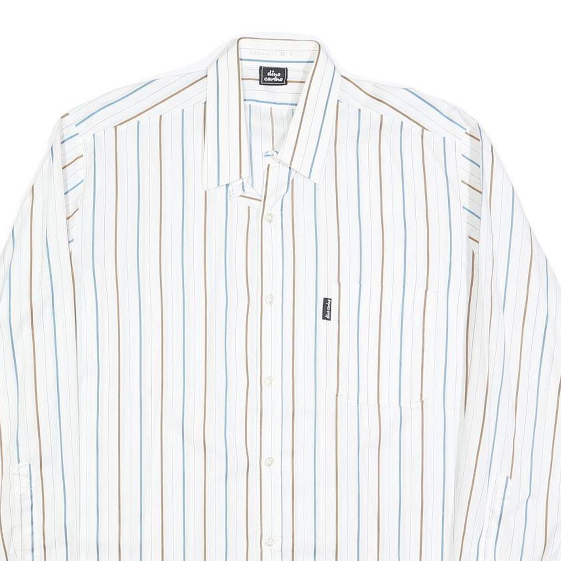 DINO CARINO Mens White & Light Blue Striped Shirt M Cotton Blend Button Collar