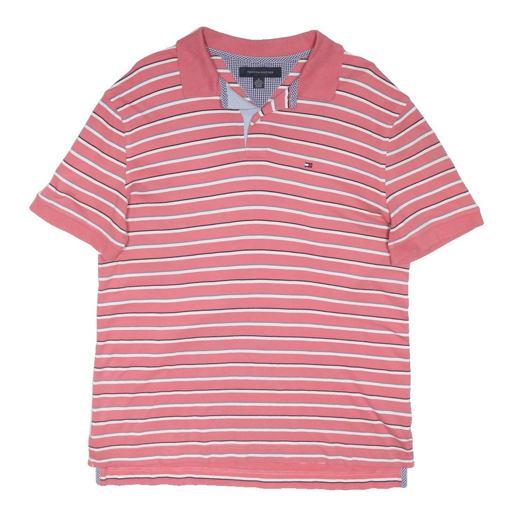 TOMMY HILFIGER Mens Pink & White Striped Polo Shirt M Cotton Blend Short Sleeve