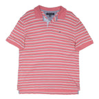 TOMMY HILFIGER Mens Pink & White Striped Polo Shirt M Cotton Blend Short Sleeve