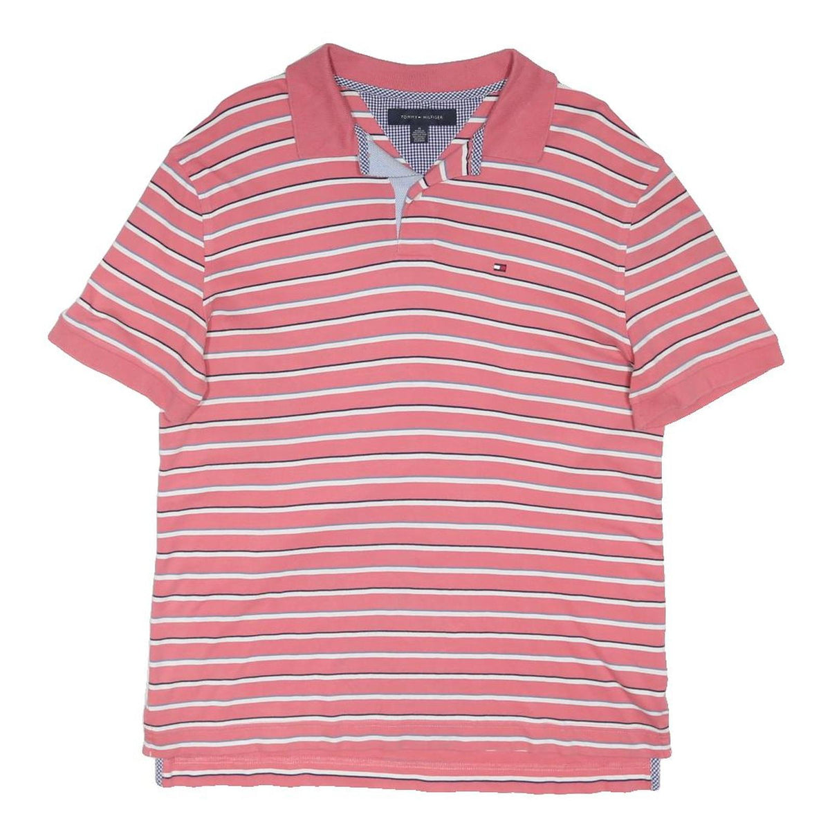 TOMMY HILFIGER Mens Pink & White Striped Polo Shirt M Cotton Blend Short Sleeve