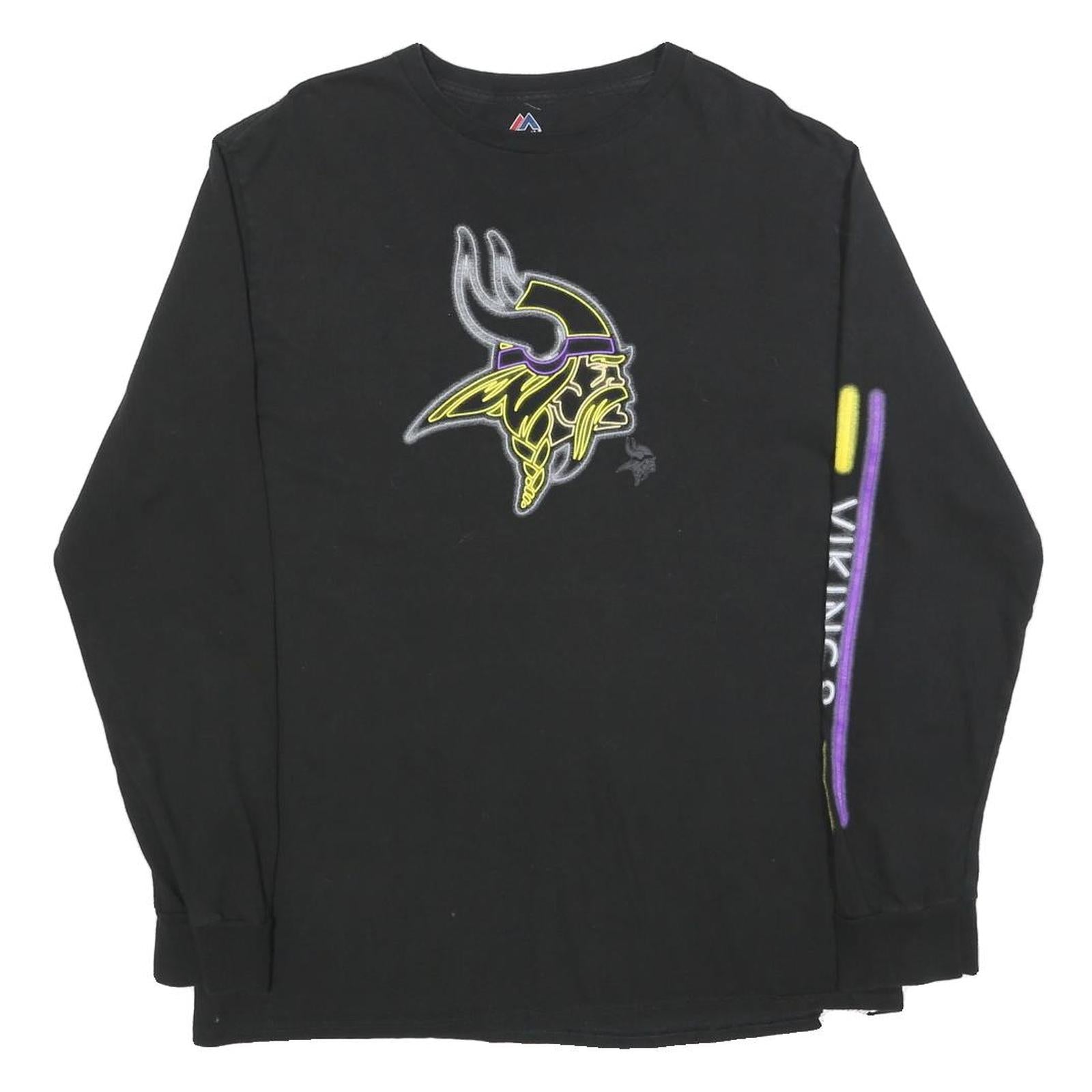 MAJESTIC Mens Black Graphic Long Sleeve Crew Neck T-Shirt L Viking Logo