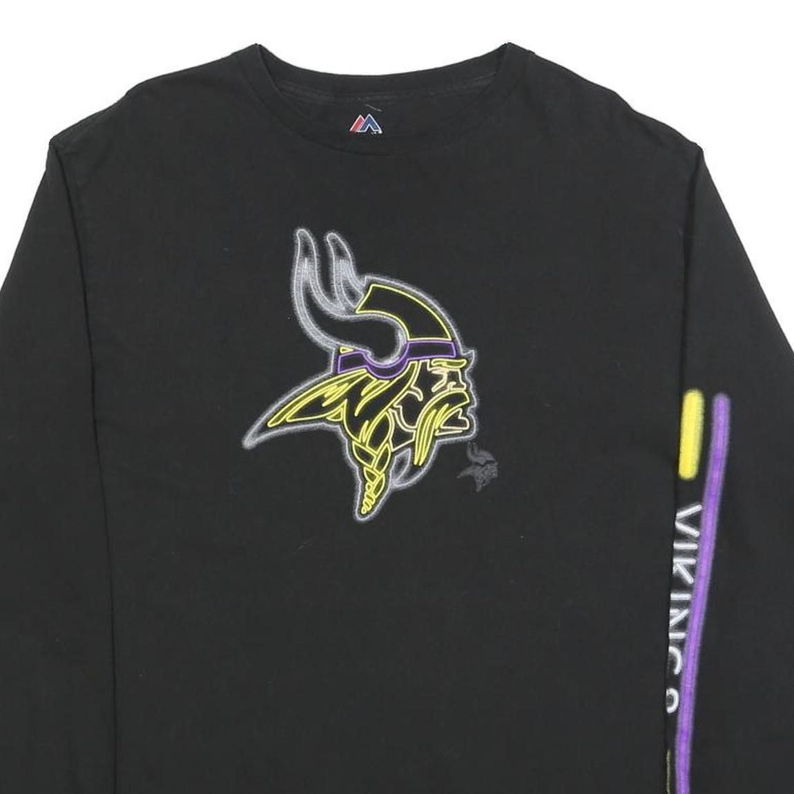 MAJESTIC Mens Black Graphic Long Sleeve Crew Neck T-Shirt L Viking Logo
