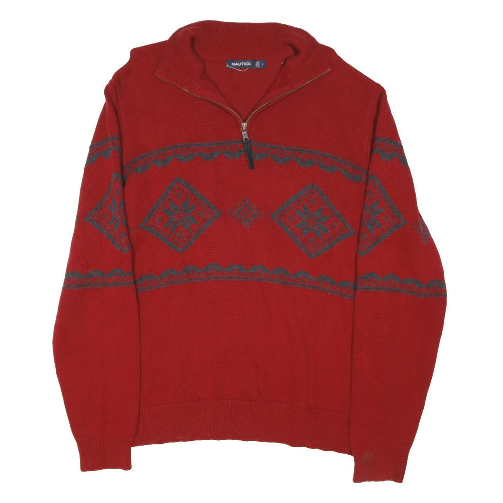 NAUTICA Mens Red Patterned Jumper Zip Neck Regular Knit L Cotton Blend Winter