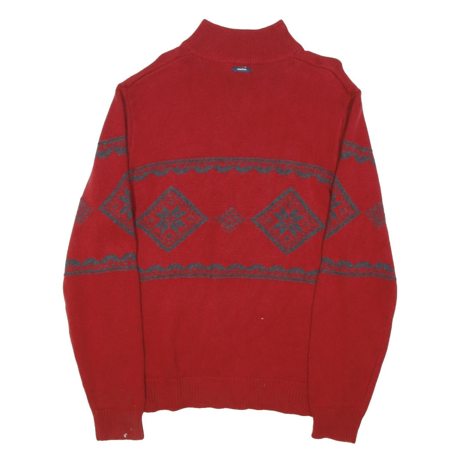 NAUTICA Mens Red Patterned Jumper Zip Neck Regular Knit L Cotton Blend Winter