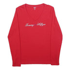 TOMMY HILFIGER Womens Red Long Sleeve V-Neck Cotton T-Shirt M Embroidered Logo