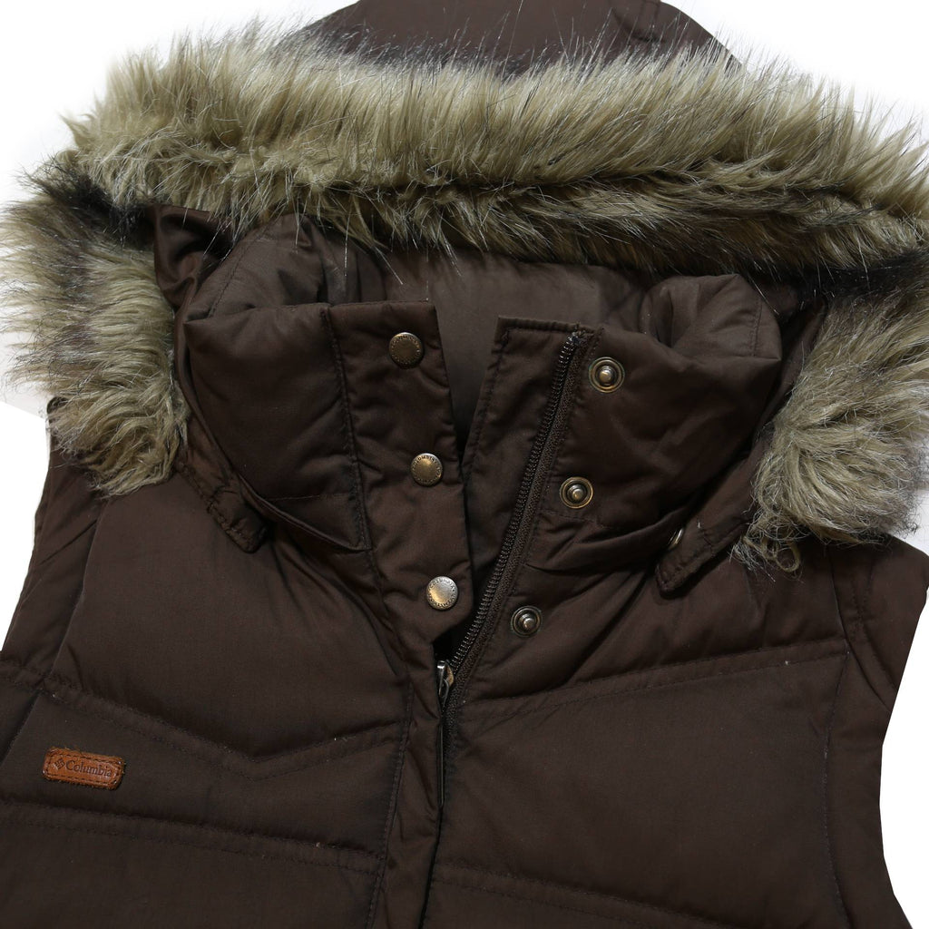 COLUMBIA Womens Brown Nylon Puffer Jacket S Zip Hooded Sleeveless Winter