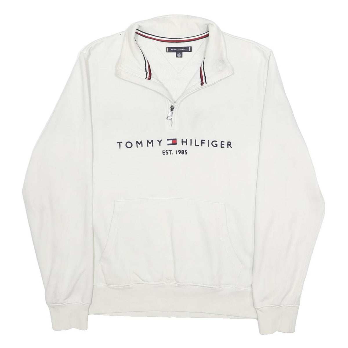 TOMMY HILFIGER Mens White 1/4 Zip XL Cotton Sweatshirt Pullover Casual