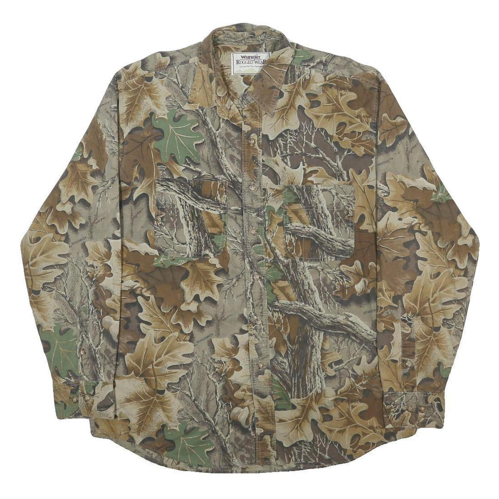 WRANGLER Mens Green & Brown Camouflage Pattern Shirt L Rugged Wear Outdoor