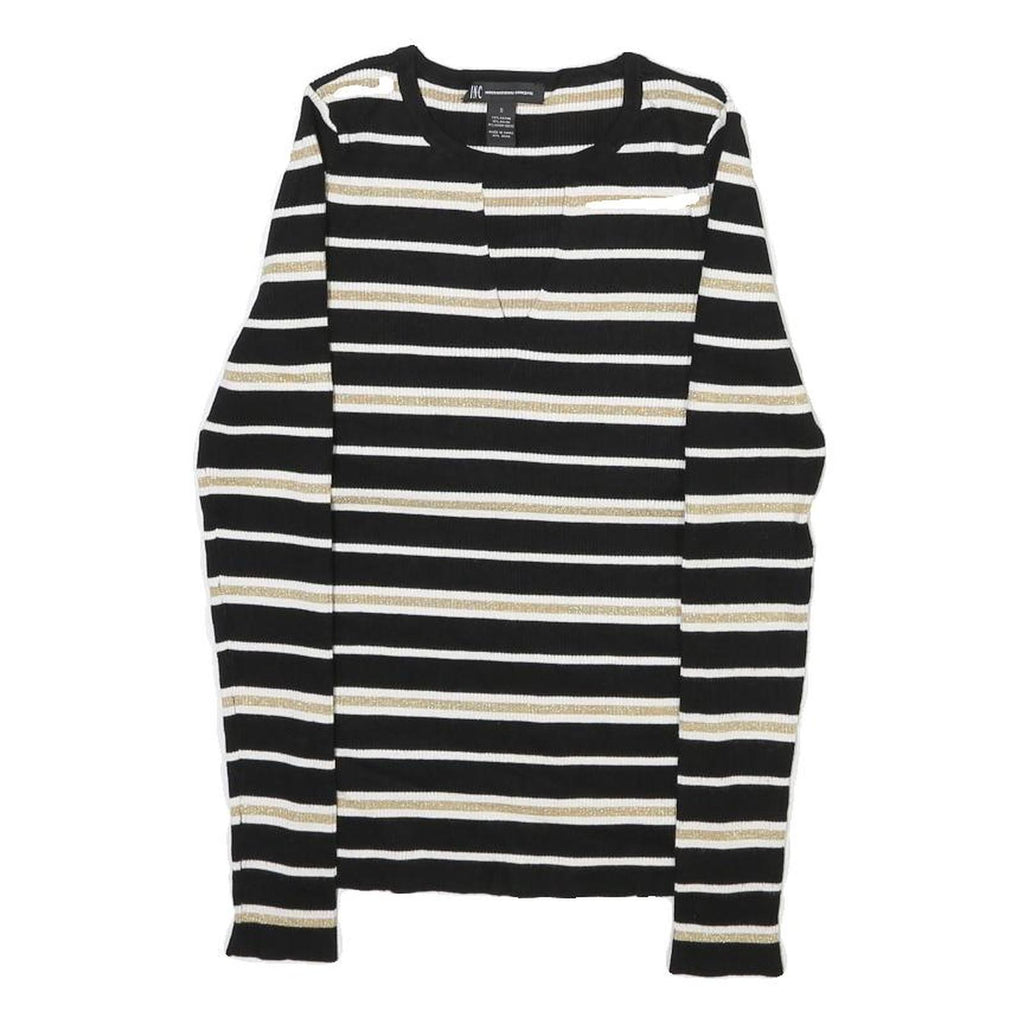 INTERNATIONAL CONCEPTS Womens Black & Gold Striped Plain Crew Neck Rib Knit S