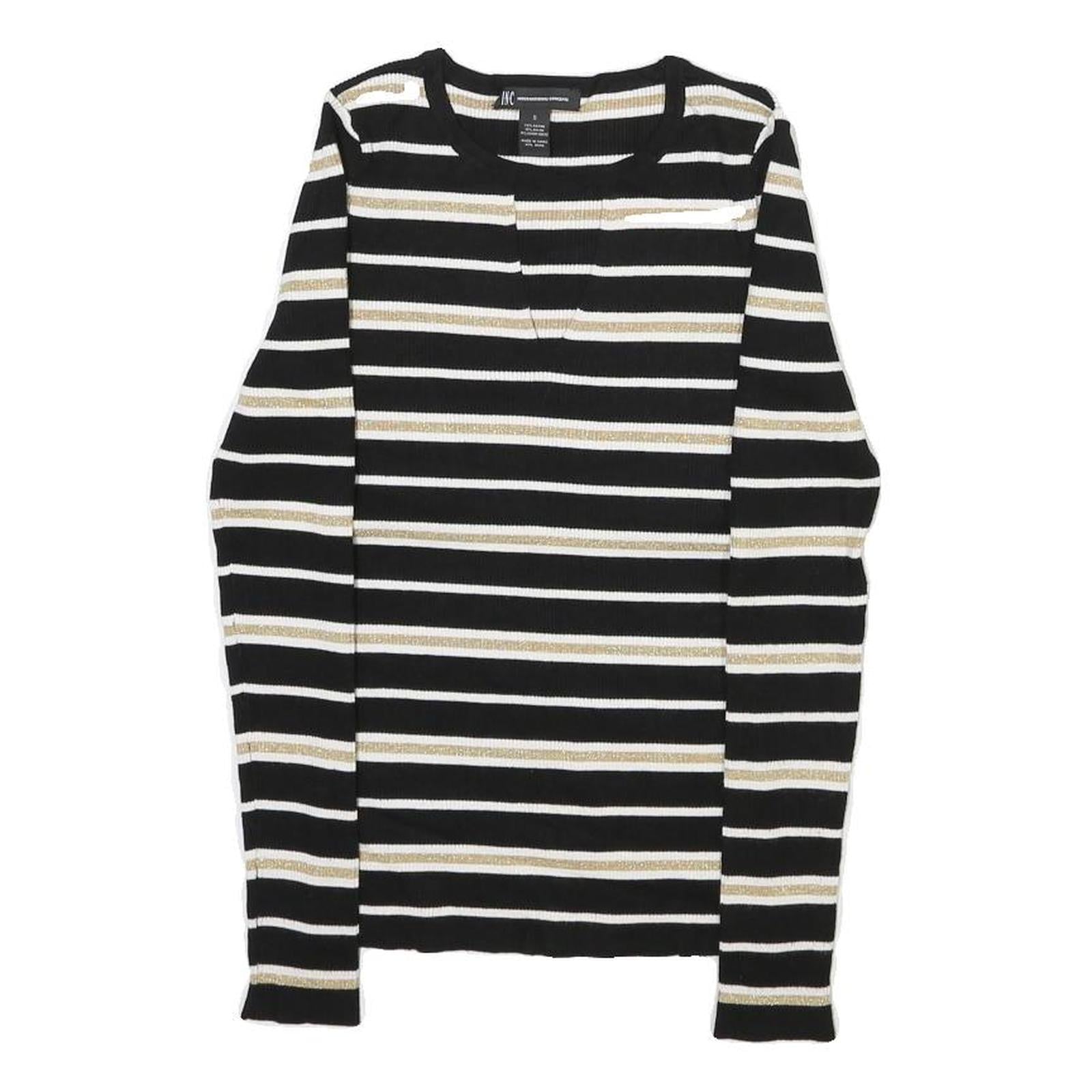 INTERNATIONAL CONCEPTS Womens Black & Gold Striped Plain Crew Neck Rib Knit S